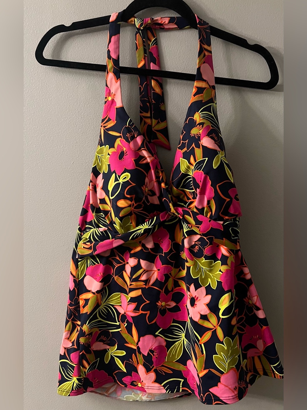 Lands' End Floral Halter Swim Top  in Pink & Lime